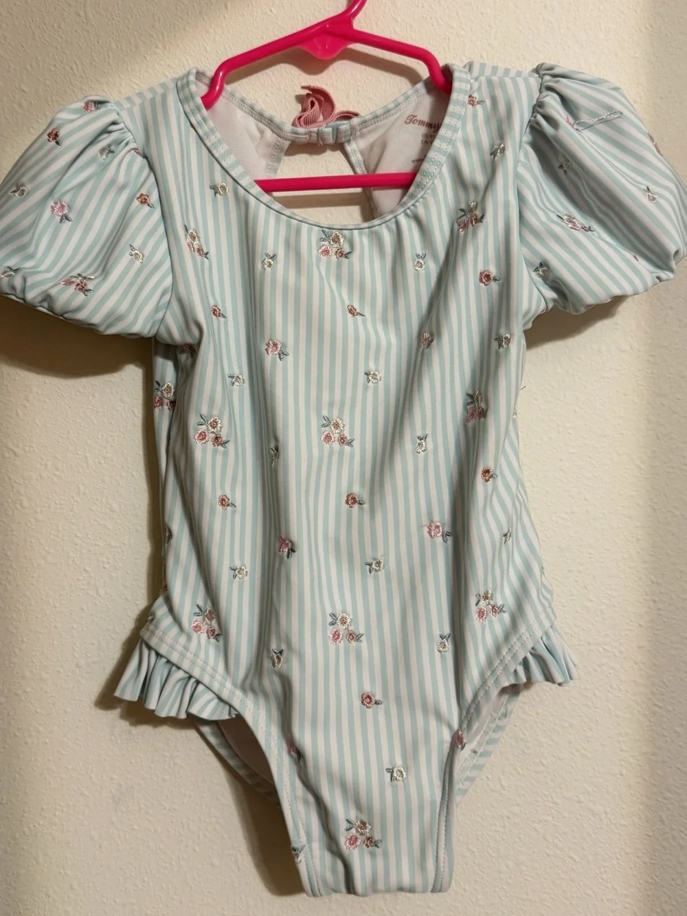 Tommy Bahama Toddler Girl Stripe Floral Puff Sleeve Swimsuit 3T Fits 2T Coquette